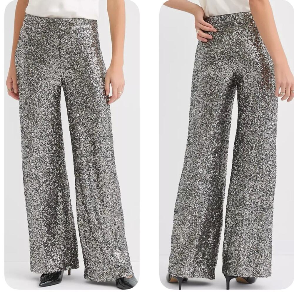 NEW - LOFT Sparkling Silver Sequin Women's Wide-Leg Pants - SIZE 10